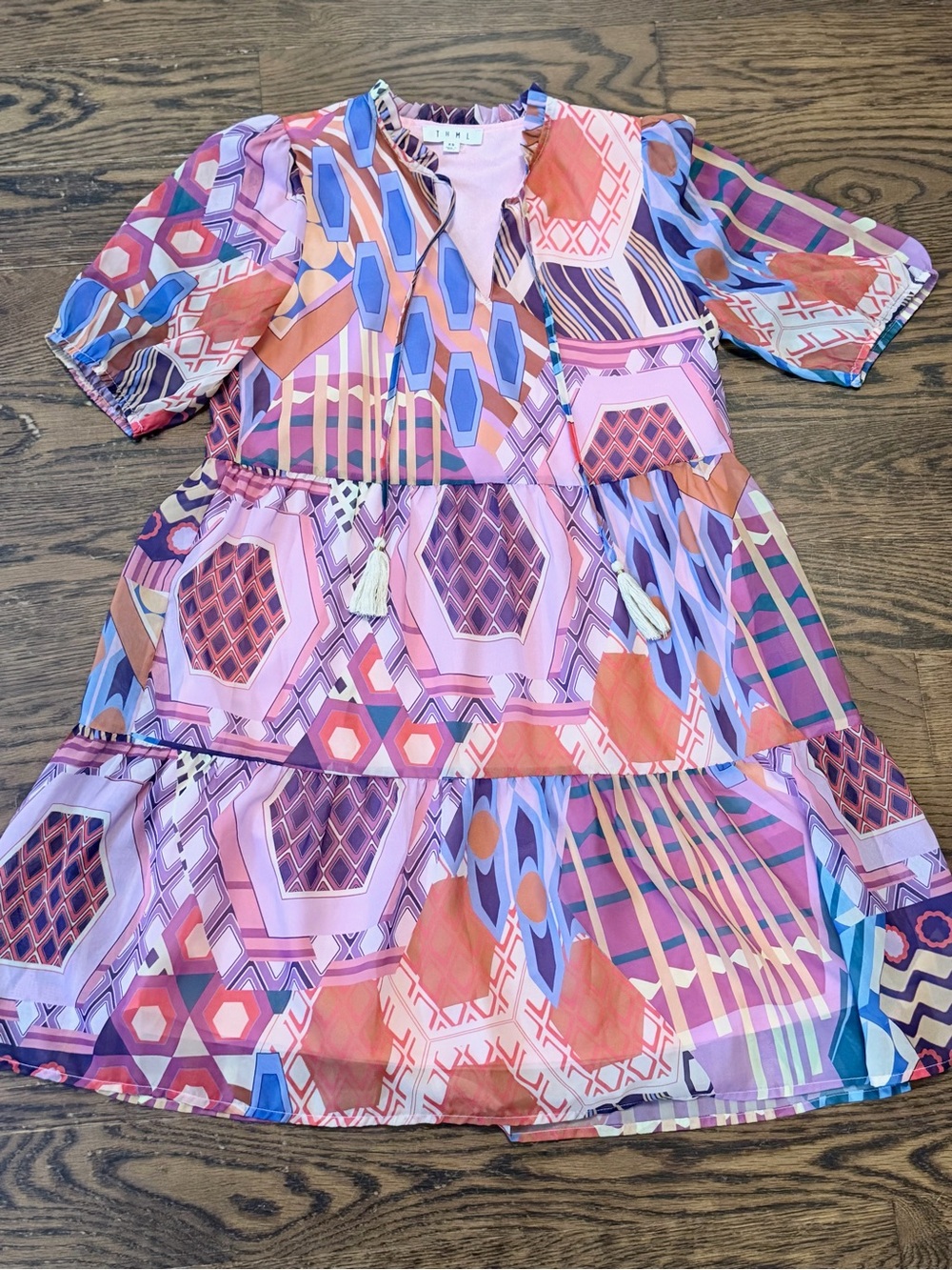 THML Women’s XS Tiered Geo Abstract Pattern Tasseled Mini Dress